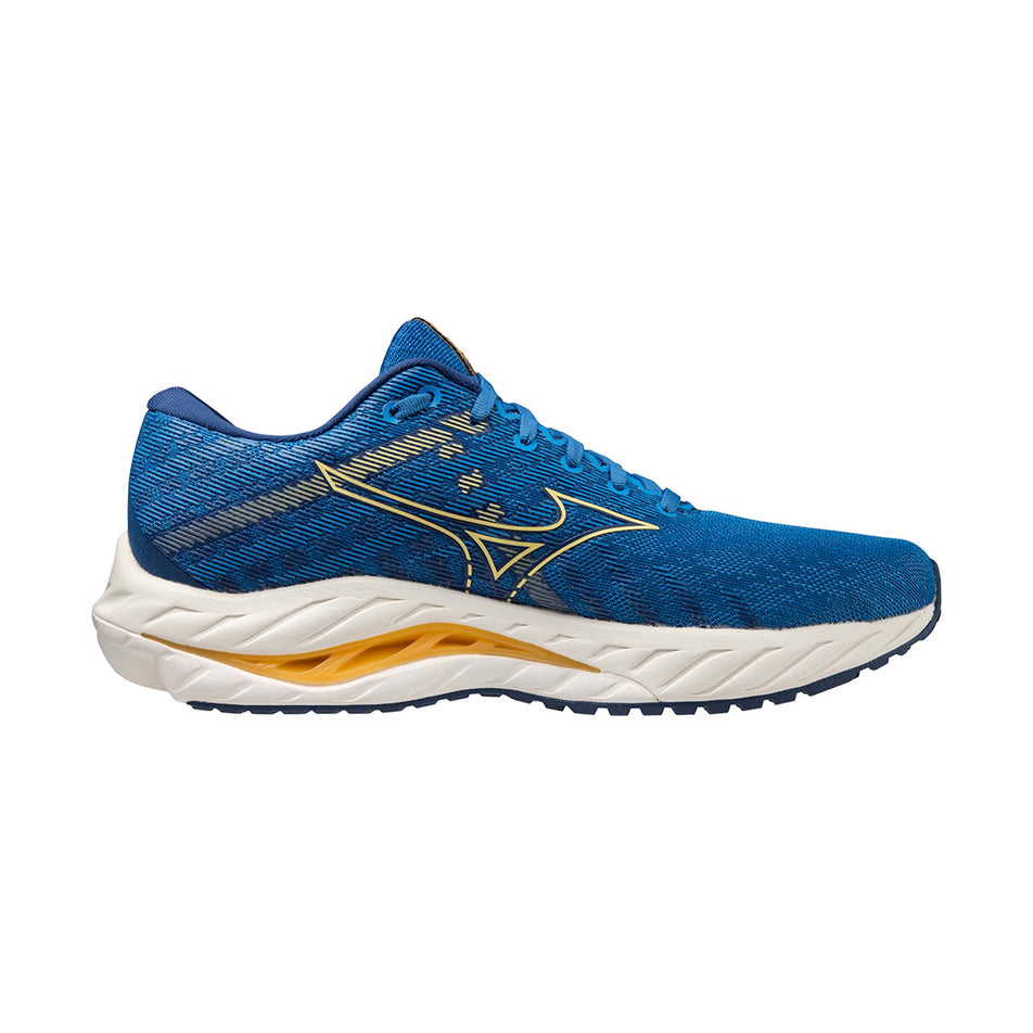 Medial side of the left shoe from a pair of Mizuno Men's Wave Inspire 19 Running Shoes in the Blue colourway. (8077132267682)