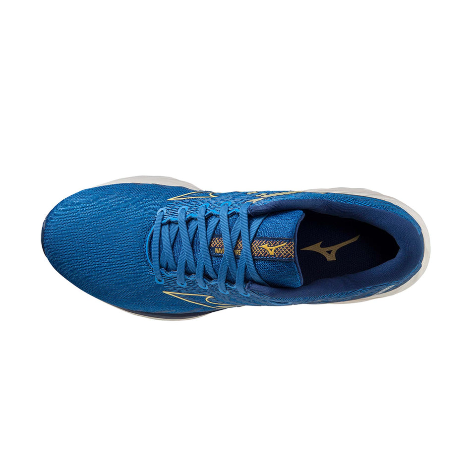 Upper of the left shoe from a pair of Mizuno Men's Wave Inspire 19 Running Shoes in the Blue colourway. (8077132267682)