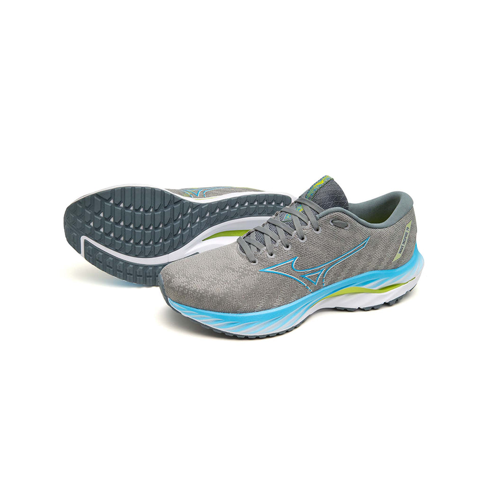 A pair of Mizuno Men's Wave Inspire 19 Running Shoes in the Ultimate Gray/Jet Blue/Bolt 2 (Neon) colourway (7926843179170)