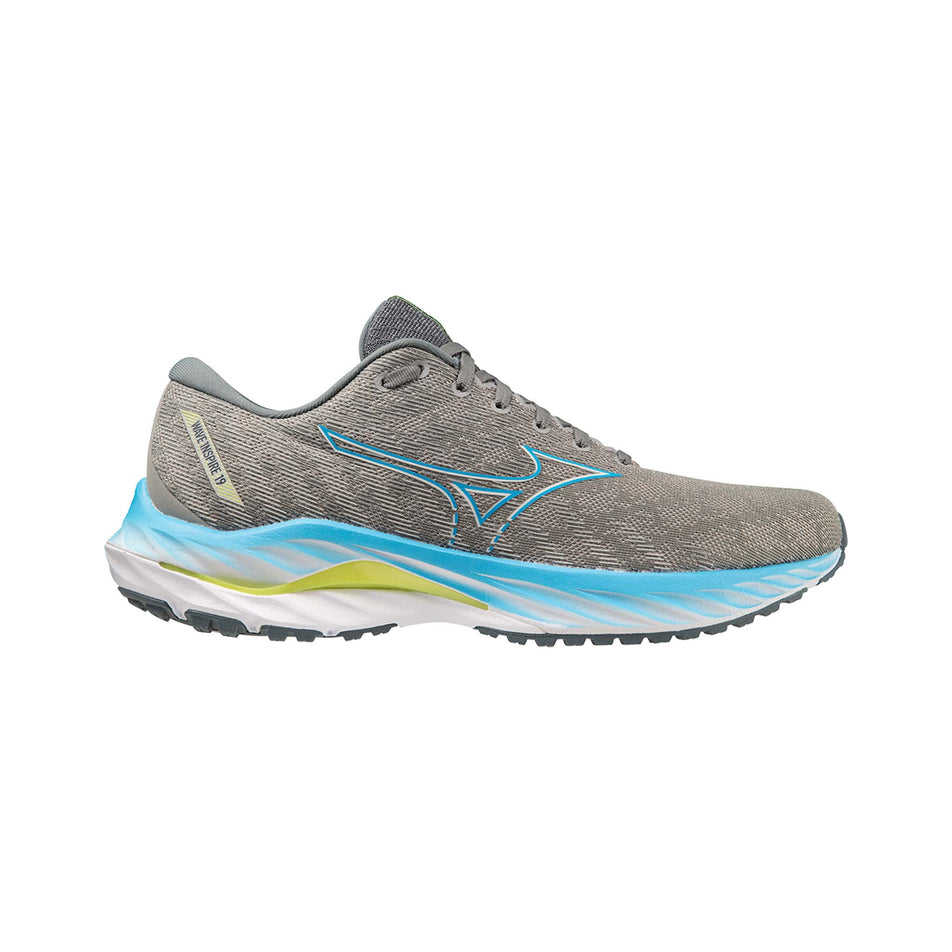 Lateral side of the right shoe from a pair of Mizuno Men's Wave Inspire 19 Running Shoes in the Ultimate Gray/Jet Blue/Bolt 2 (Neon) colourway (7926843179170)