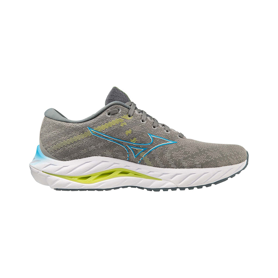 Medial side of the left shoe from a pair of Mizuno Men's Wave Inspire 19 Running Shoes in the Ultimate Gray/Jet Blue/Bolt 2 (Neon) colourway (7926843179170)