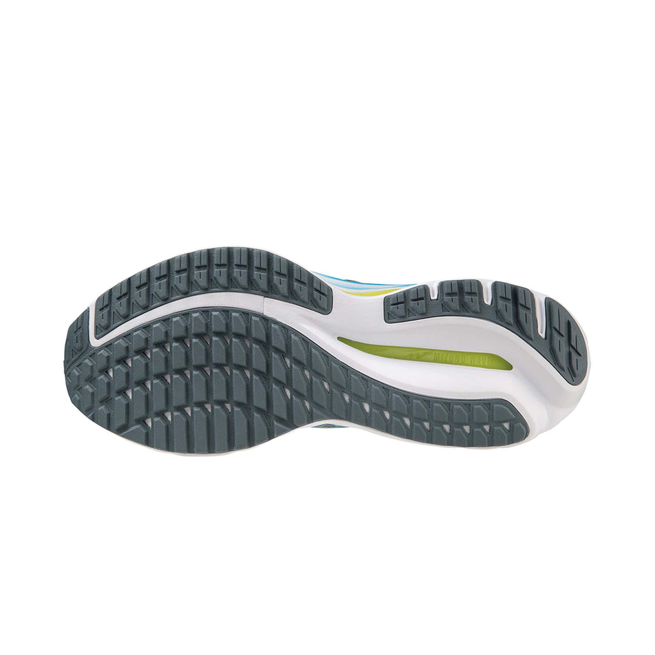 Outsole of the left shoe from a pair of Mizuno Men's Wave Inspire 19 Running Shoes in the Ultimate Gray/Jet Blue/Bolt 2 (Neon) colourway (7926843179170)
