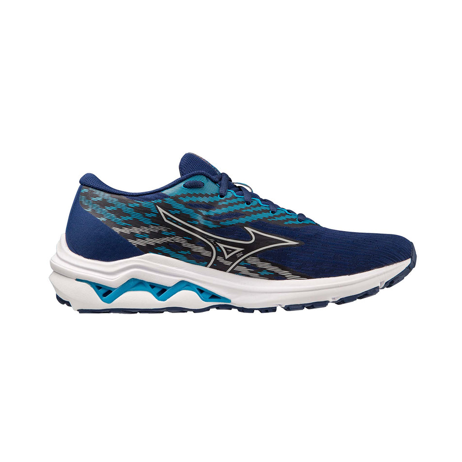 Medial side of the left shoe from a pair of Mizuno Men's Wave Equate 7 Running Shoes in the Blue Depths/Silver/Neon Flame colourway (7931068711074)