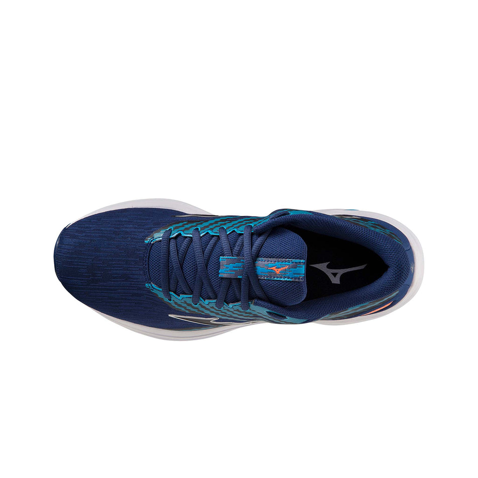 Upper of the left shoe from a pair of Mizuno Men's Wave Equate 7 Running Shoes in the Blue Depths/Silver/Neon Flame colourway (7931068711074)