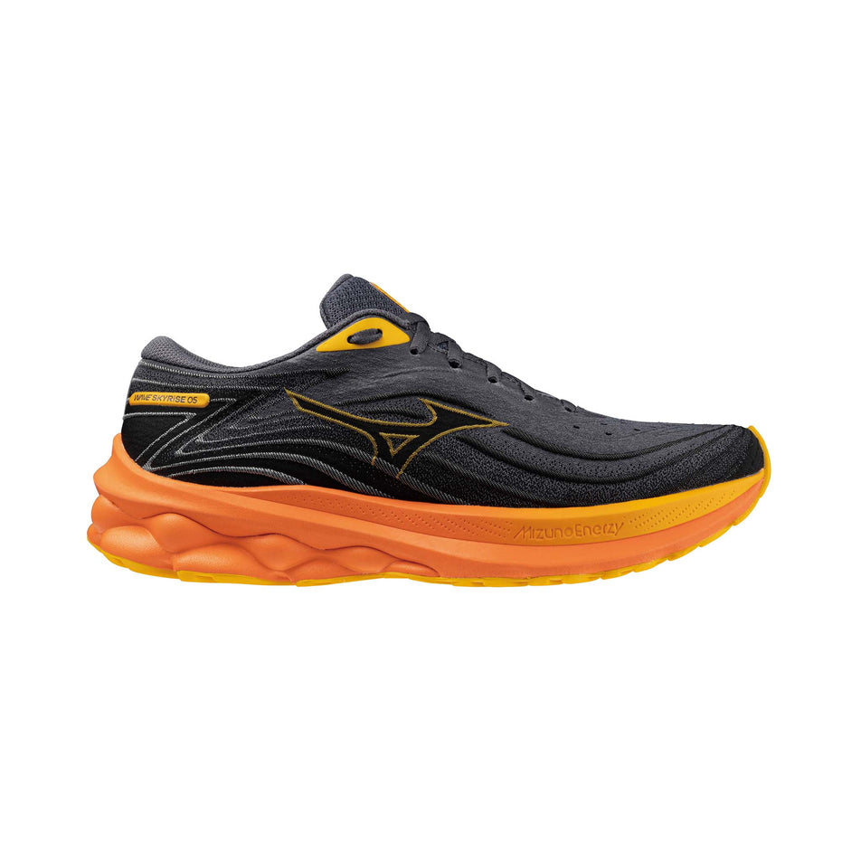 Lateral side of the right shoe from a pair of Mizuno Men's Wave Skyrise 5 Running Shoes in the Turbulence/Citrus/Nasturtium colourway (8146828624034)