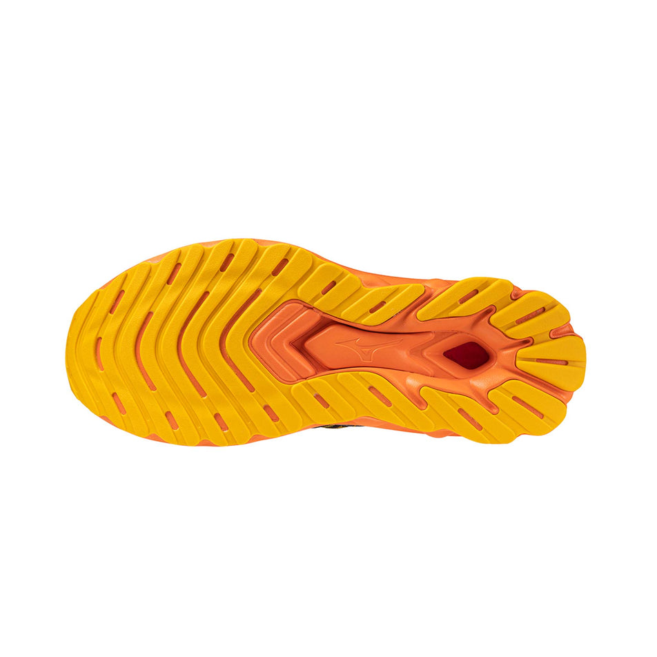 Outsole of the left shoe from a pair of Mizuno Men's Wave Skyrise 5 Running Shoes in the Turbulence/Citrus/Nasturtium colourway (8146828624034)