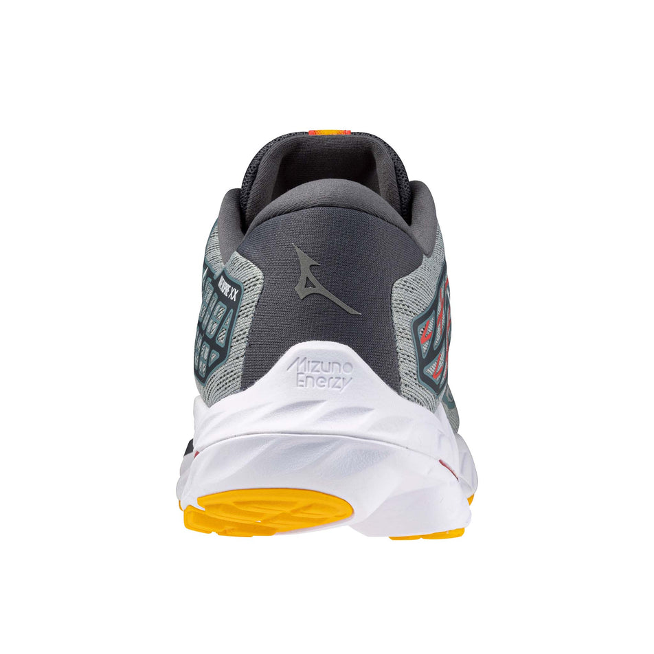 Back of the left shoe from a pair of Mizuno Men's Wave Inspire 20 Running Shoes in the Abyss/White/Citrus colourway (8121673253026)