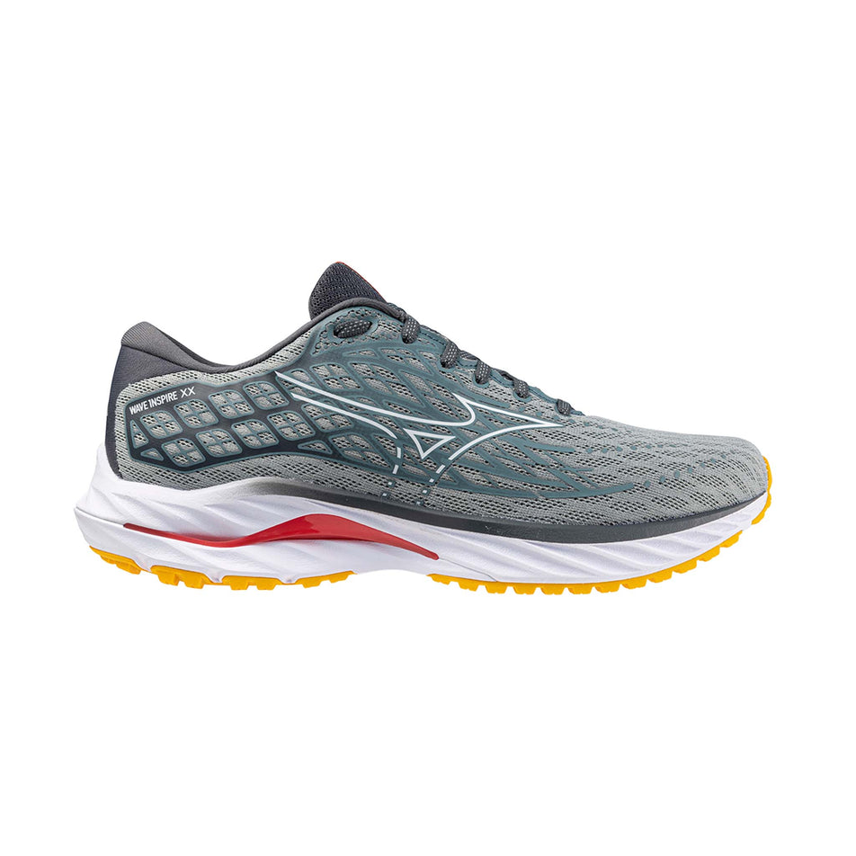 Lateral side of the right shoe from a pair of Mizuno Men's Wave Inspire 20 Running Shoes in the Abyss/White/Citrus colourway (8121673253026)