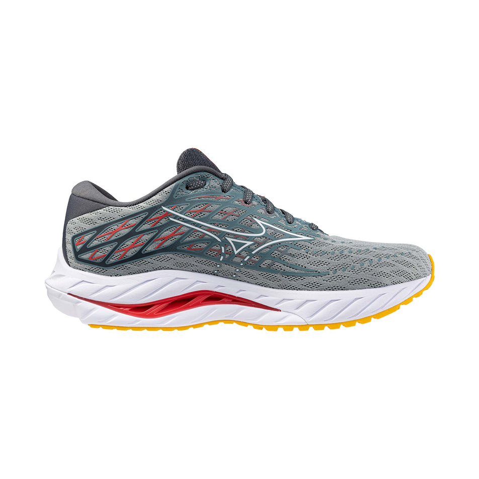 Medial side of the left shoe from a pair of Mizuno Men's Wave Inspire 20 Running Shoes in the Abyss/White/Citrus colourway (8121673253026)