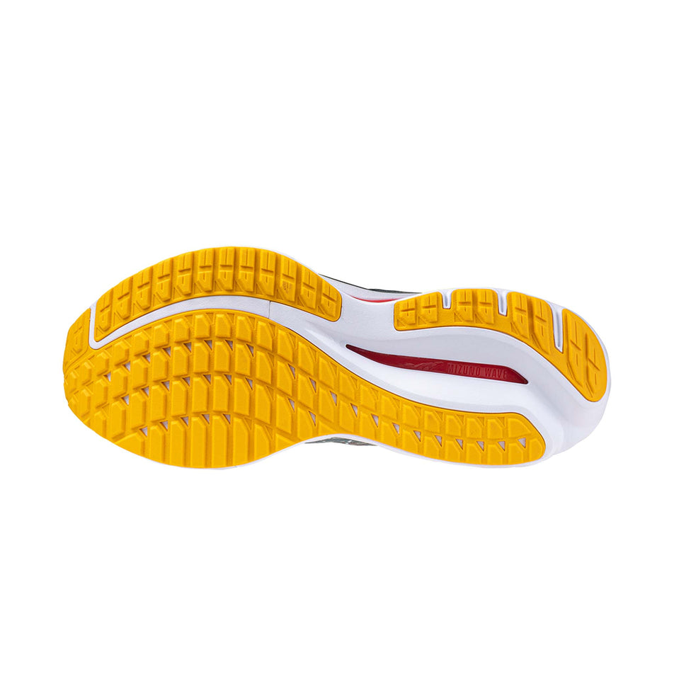 Outsole of the left shoe from a pair of Mizuno Men's Wave Inspire 20 Running Shoes in the Abyss/White/Citrus colourway (8121673253026)