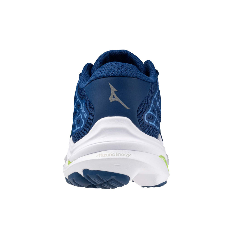 Back of the left shoe from a pair of Mizuno Men's Wave Equate 8 Running Shoes in the Navy Peony/Sharp Green/Marina colourway (8146830033058)