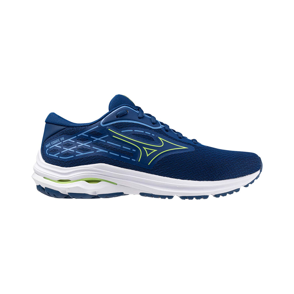 Lateral side of the right shoe from a pair of Mizuno Men's Wave Equate 8 Running Shoes in the Navy Peony/Sharp Green/Marina colourway  (8146830033058)