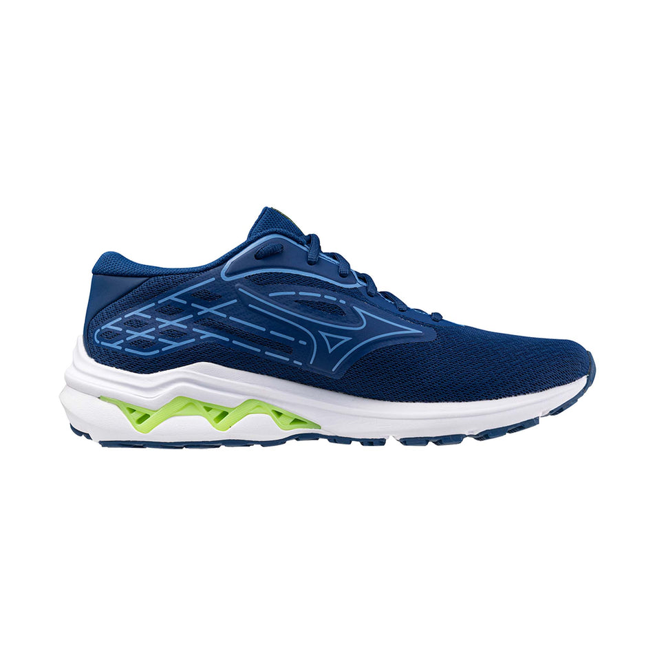 Medial side of the left shoe from a pair of Mizuno Men's Wave Equate 8 Running Shoes in the Navy Peony/Sharp Green/Marina colourway (8146830033058)