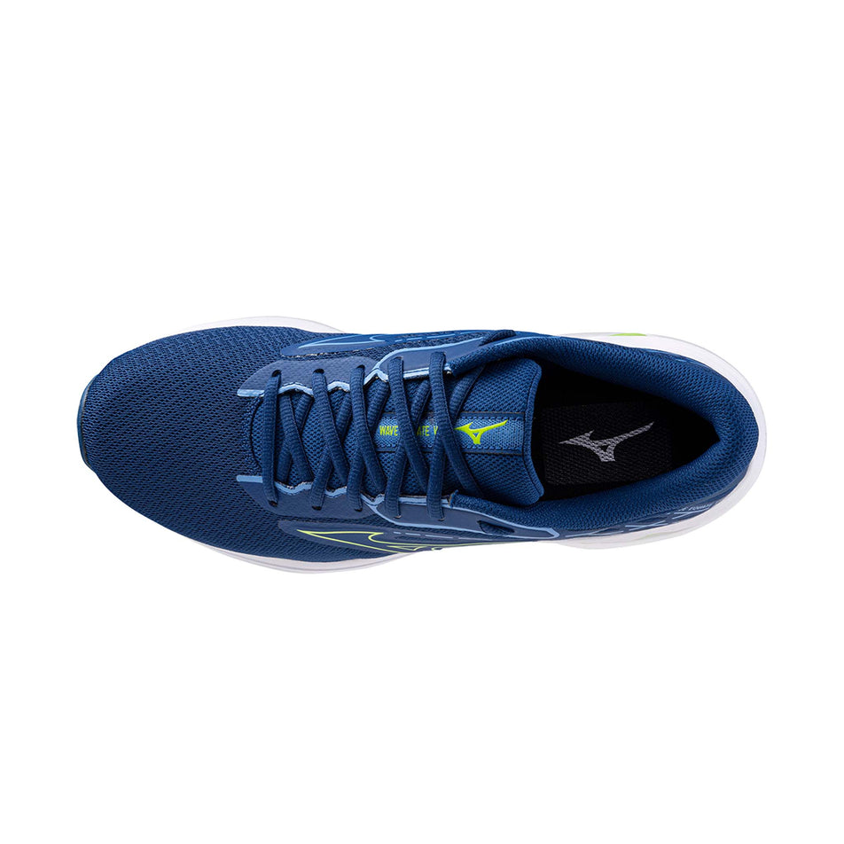 Upper of the left shoe from a pair of Mizuno Men's Wave Equate 8 Running Shoes in the Navy Peony/Sharp Green/Marina colourway (8146830033058)
