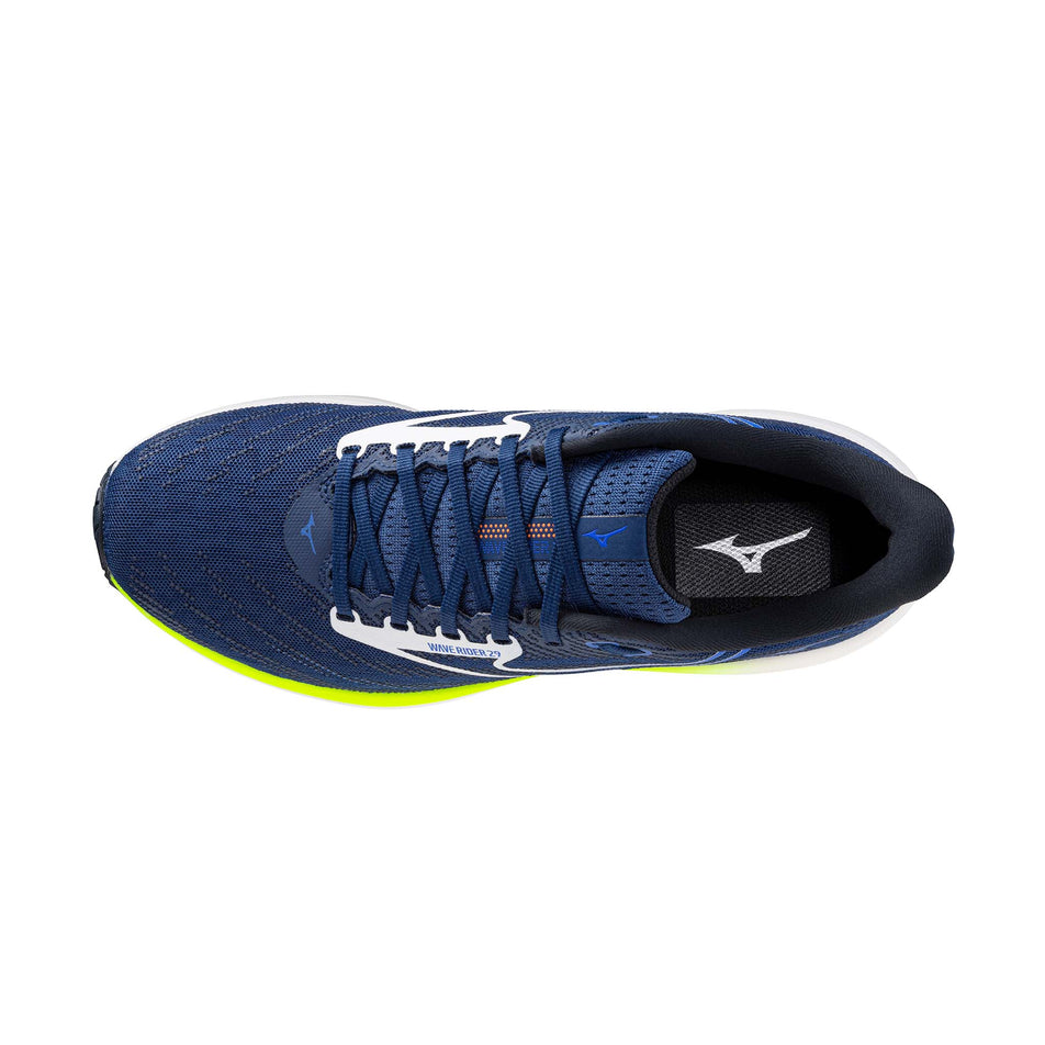 The upper of the left shoe from a pair of Mizuno Men's Wave Rider 29 Running Shoes in the Estate Blue/White/Lighting Yellow colourway.