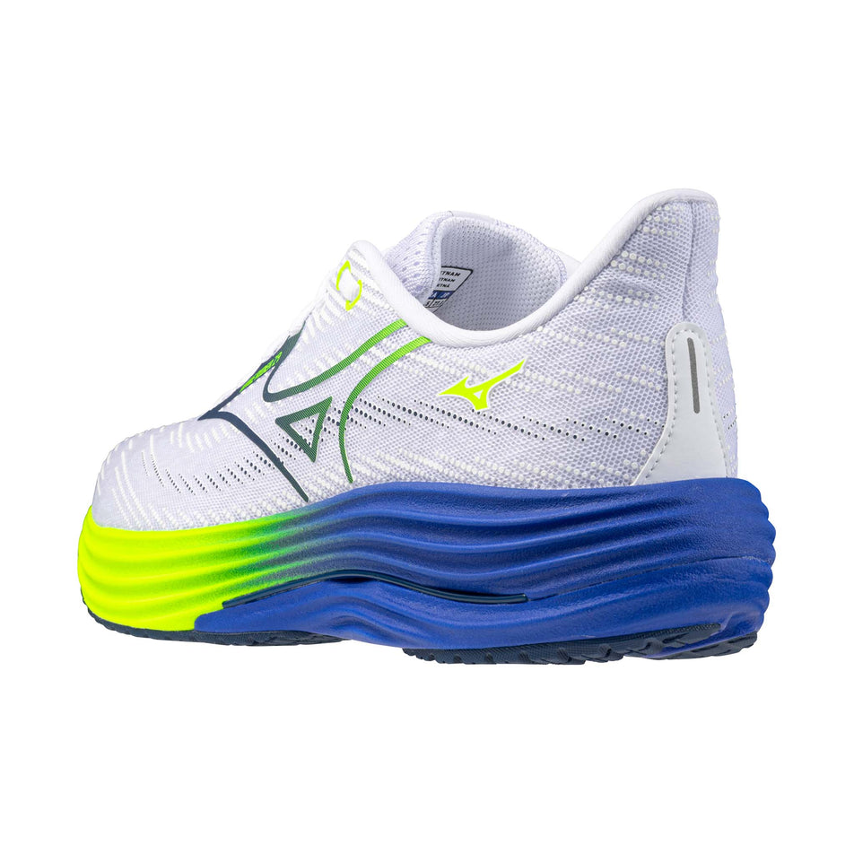 Lateral view of the left shoe from a pair of Mizuno Men's Wave Rider 29 Running Shoes in the White/Estate Blue/Lighting Yellow colourway.
