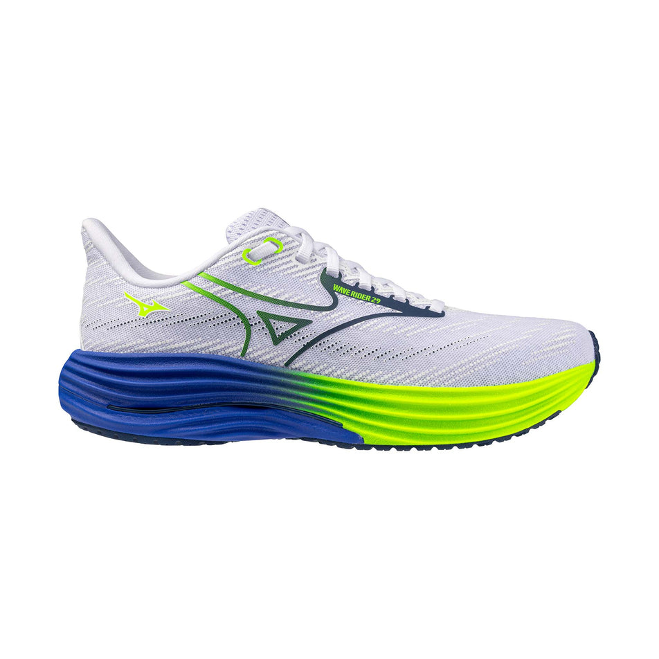 Lateral view of the right shoe from a pair of Mizuno Men's Wave Rider 29 Running Shoes in the White/Estate Blue/Lighting Yellow colourway. 
