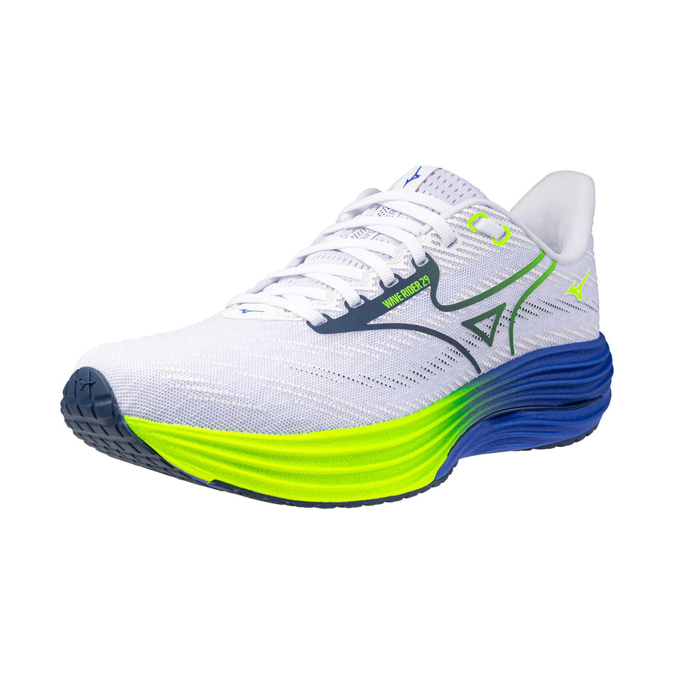 Lateral view of the left shoe from a pair of Mizuno Men's Wave Rider 29 Running Shoes in the White/Estate Blue/Lighting Yellow colourway.