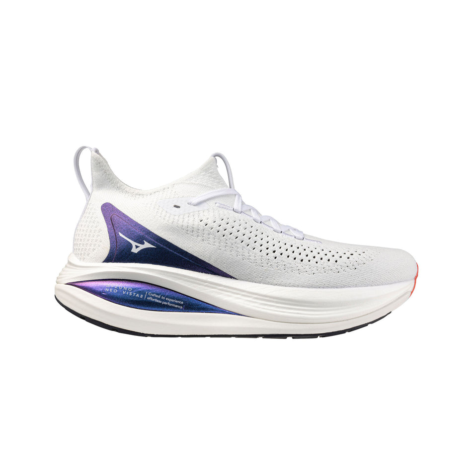 Lateral view of the right shoe from a pair of Mizuno Men's Neo Vista 2 Running Shoes in the White/White/Iris Bloom colourway. (8675489218722)