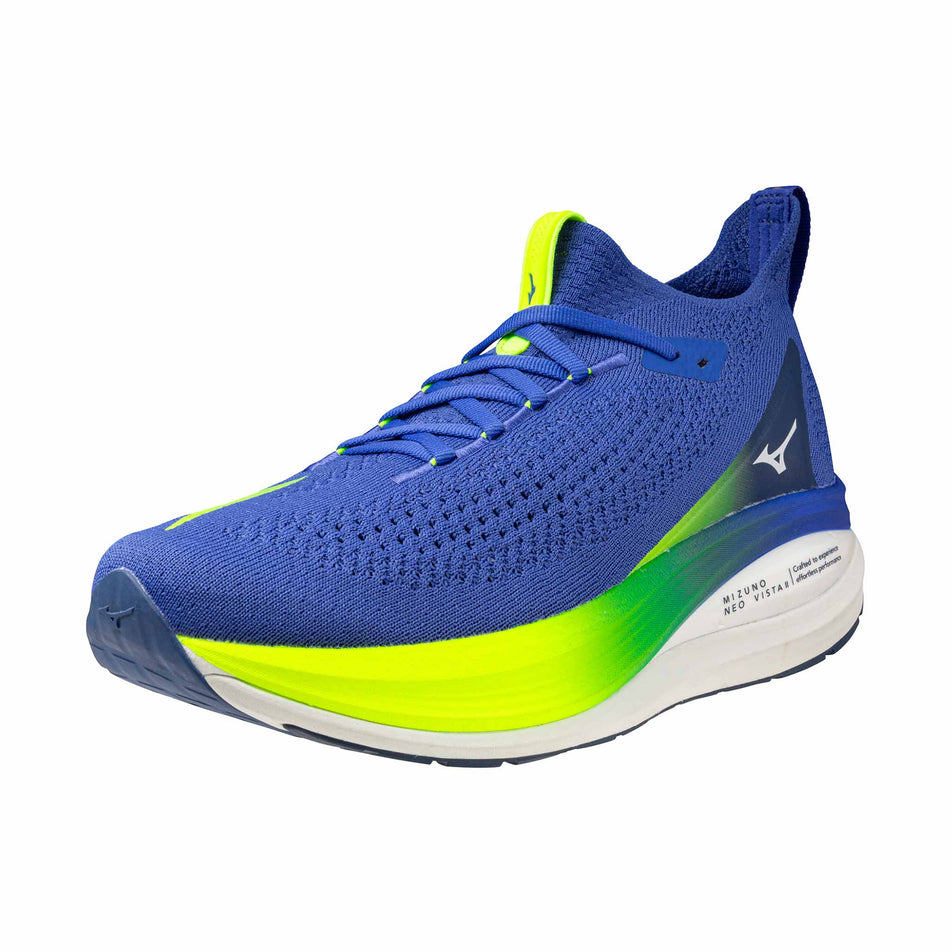 Lateral view of the left shoe from a pair of Mizuno Men's Neo Vista 2 Running Shoes in the Dasszling Blue/White/Lighting Yellow colourway.
