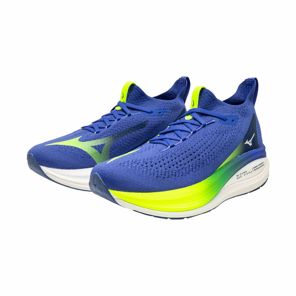 A pair of Mizuno Men's Neo Vista 2 Running Shoes in the Dasszling Blue/White/Lighting Yellow colourway.