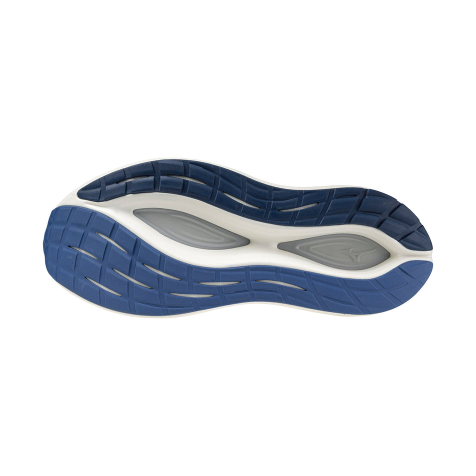 The outsole of the left shoe from a pair of Mizuno Men's Neo Vista 2 Running Shoes in the Dasszling Blue/White/Lighting Yellow colourway.