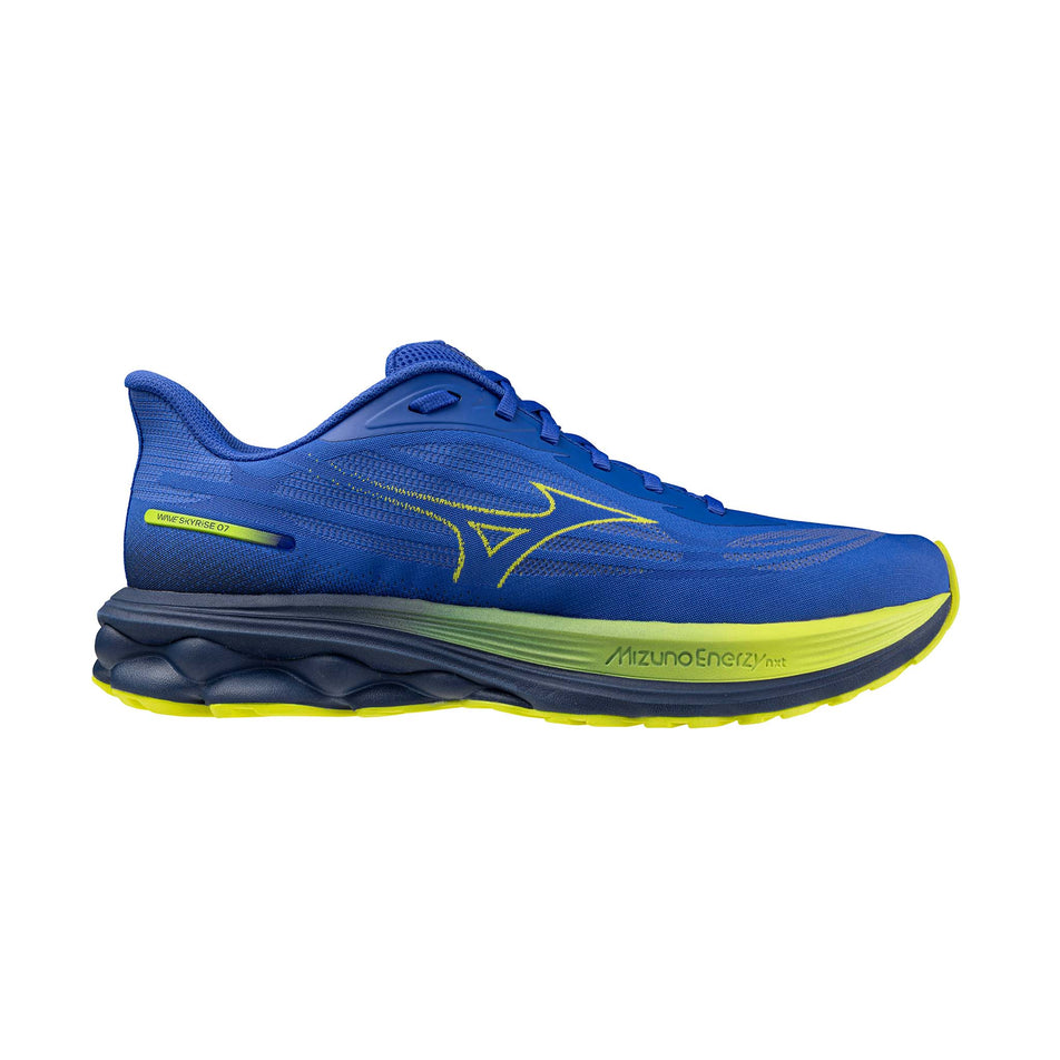 Lateral view of the right shoe from a pair of Mizuno Men's Wave Skyrise 7 Running Shoes in the Dazzling Blue/Fortune Yellow/Estate Blue colourway.