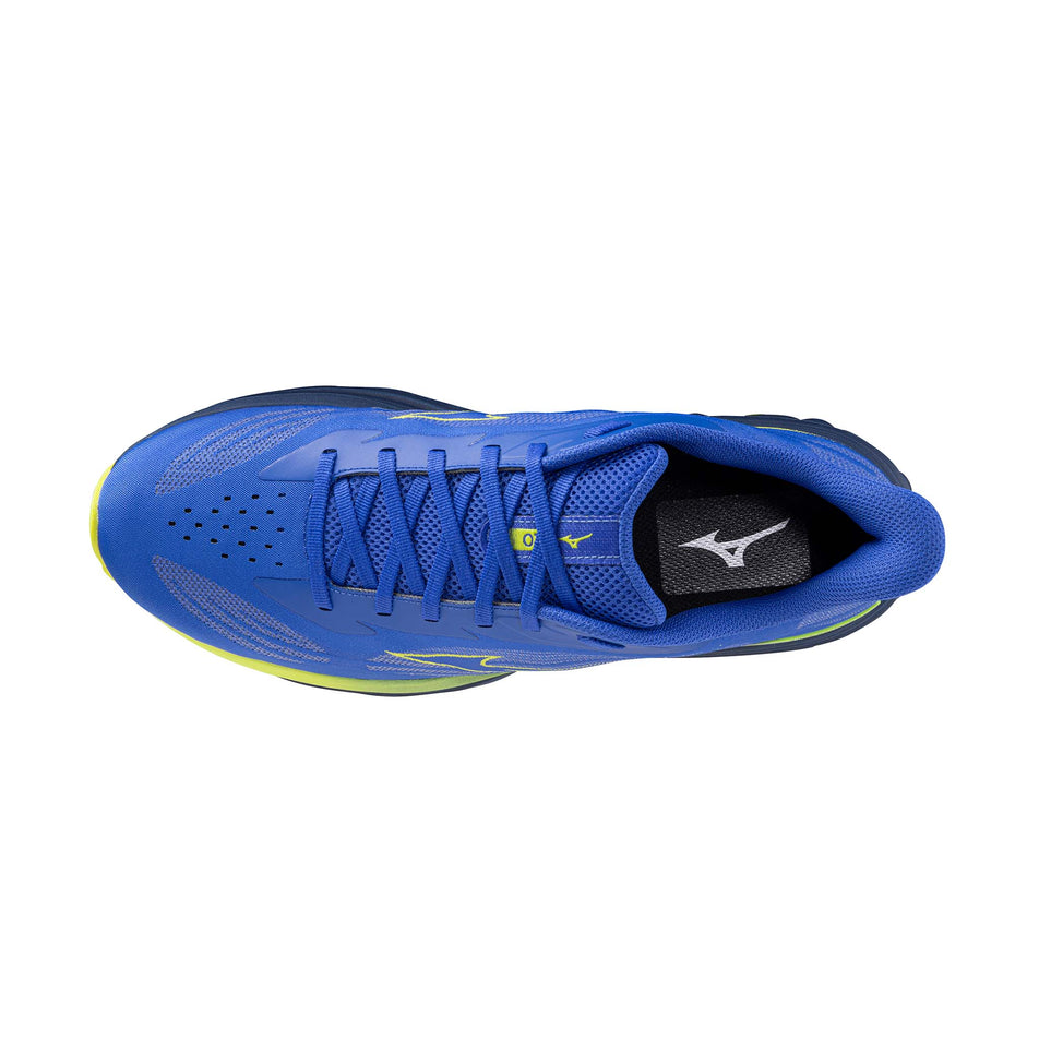 The upper of the left shoe from a pair of Mizuno Men's Wave Skyrise 7 Running Shoes in the Dazzling Blue/Fortune Yellow/Estate Blue colourway.