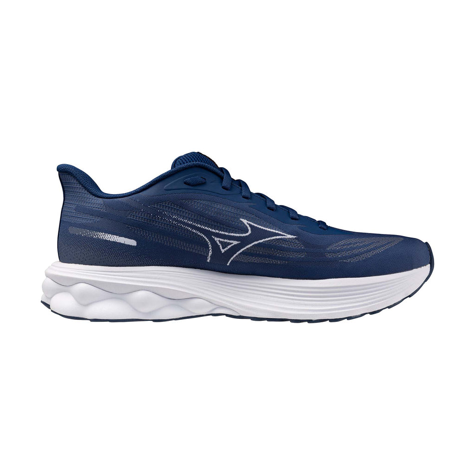 Medial view of the left shoe from a pair of Mizuno Men's Wave Skyrise 7 Running Shoes in the Estate Blue/White/Coral Rose colourway.