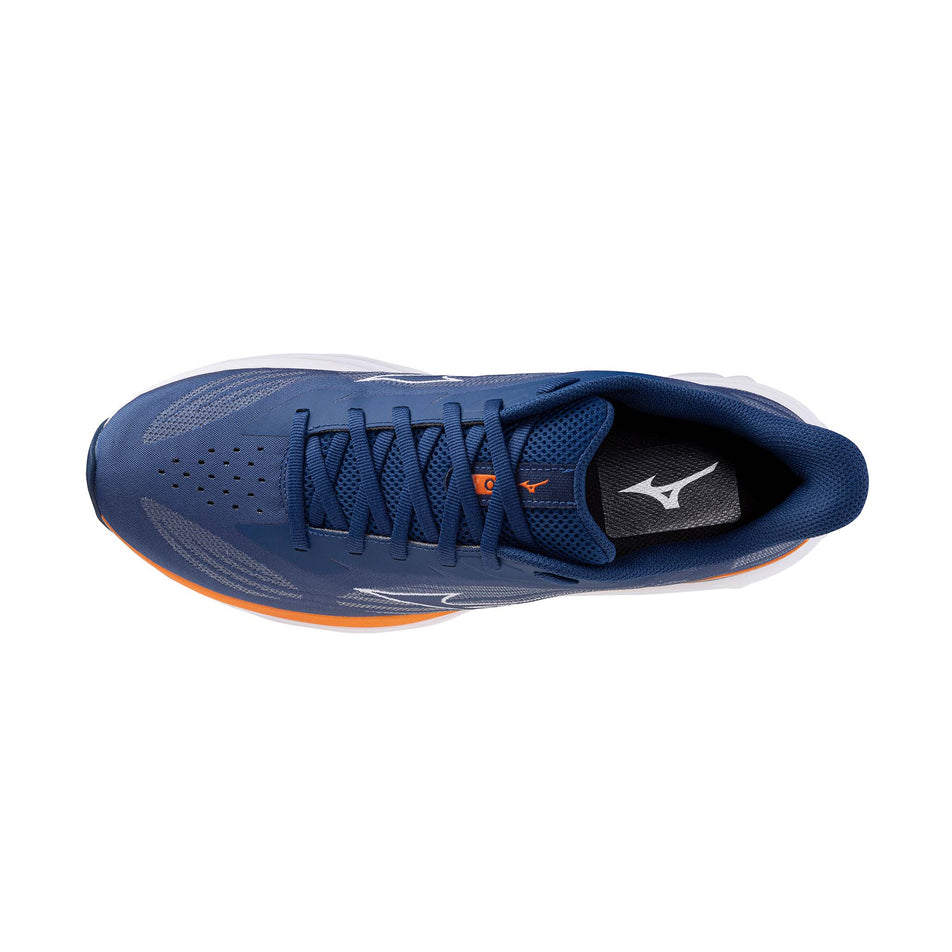 The upper of the left shoe from a pair of Mizuno Men's Wave Skyrise 7 Running Shoes in the Estate Blue/White/Coral Rose colourway.