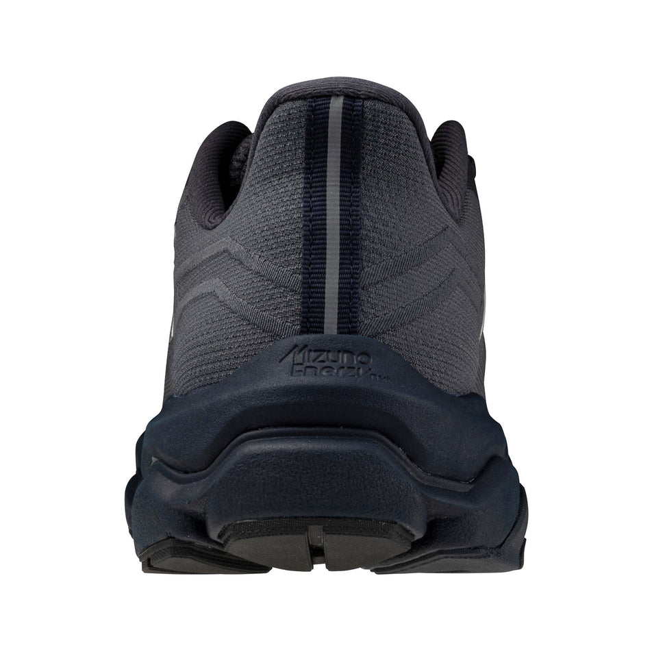 The back of the left shoe from a pair of Mizuno Men's Wave Horizon 9 Running Shoes in the India Ink/Galaxy Silver/Back colourway.