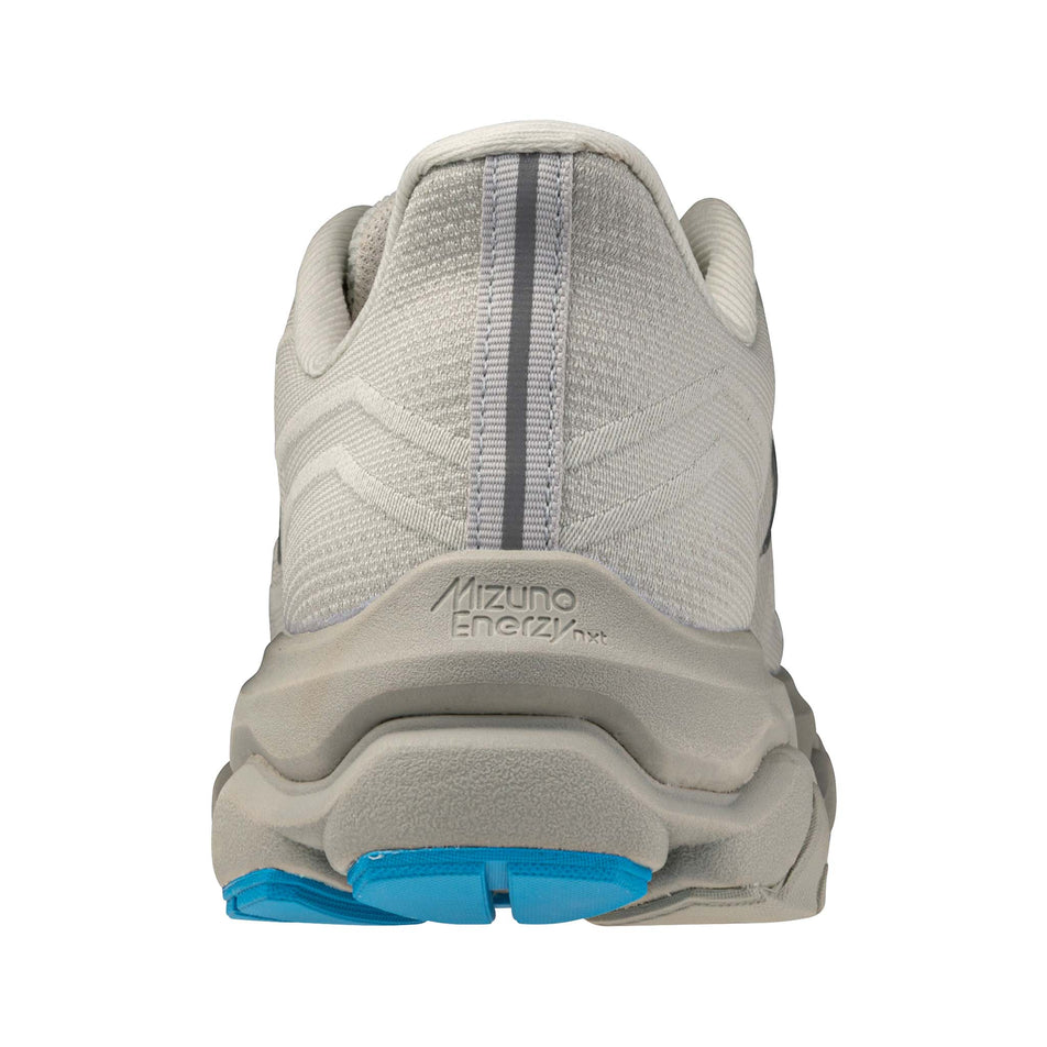 The back of the left shoe from a pair of Mizuno Men's Wave Horizon 9 Running Shoes in the Foggy Dew/Dark Slate/Blue Jewel colourway.