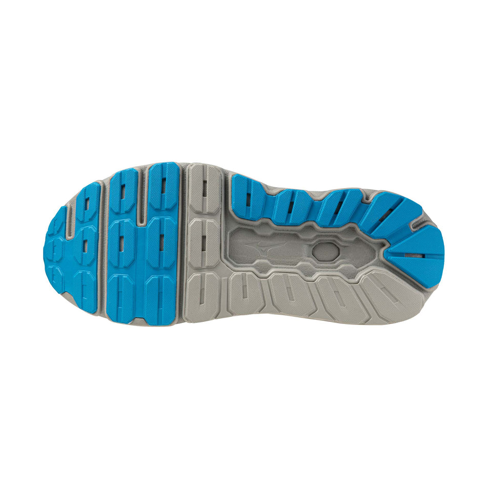 The outsole of the left shoe from a pair of Mizuno Men's Wave Horizon 9 Running Shoes in the Foggy Dew/Dark Slate/Blue Jewel colourway.