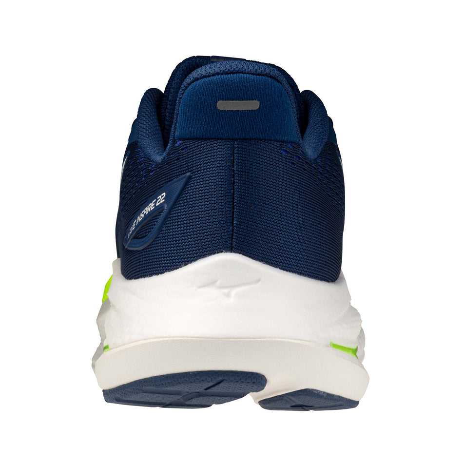 The back of the left shoe from a pair of Mizuno Men's Wave Inspire 22 Running Shoes in the Estate Blue/Lighting Yellow/Lighting Yellow colourway.