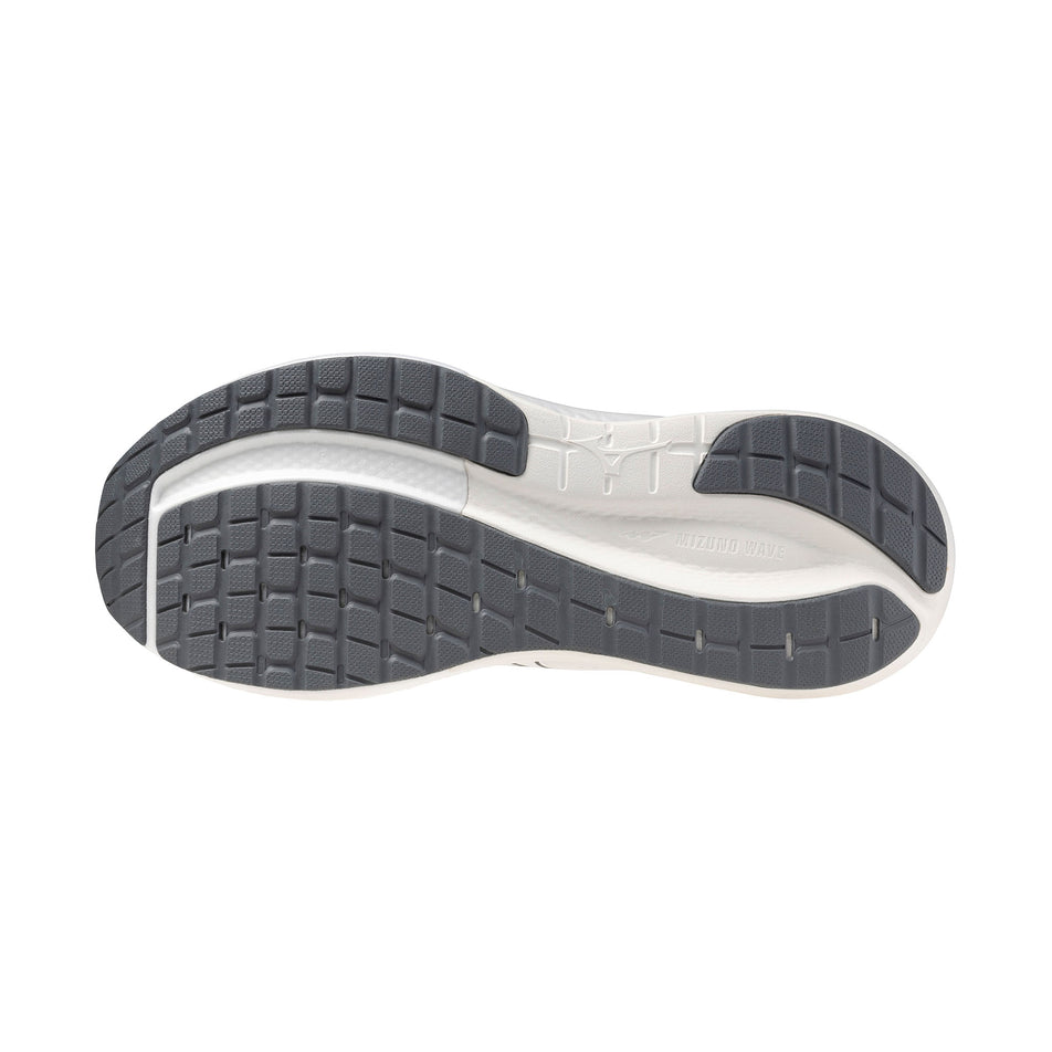 The outsole of the left shoe from a pair of Mizuno Men's Wave Inspire 22 Running Shoes in the White/White/White colourway.