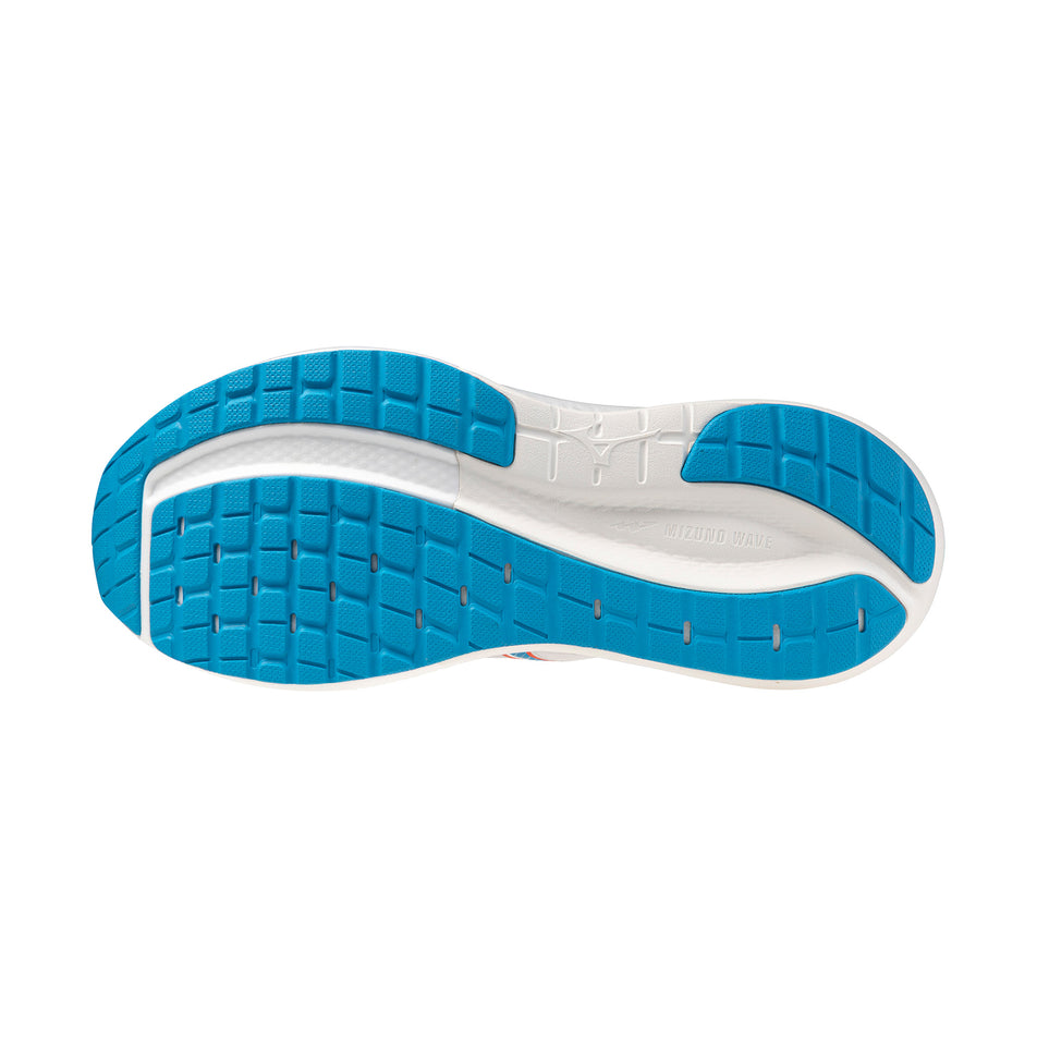 The outsole of the left shoe from a pair of Mizuno Men's Wave Inspire 22 Running Shoes in the Cloudscape colourway.
