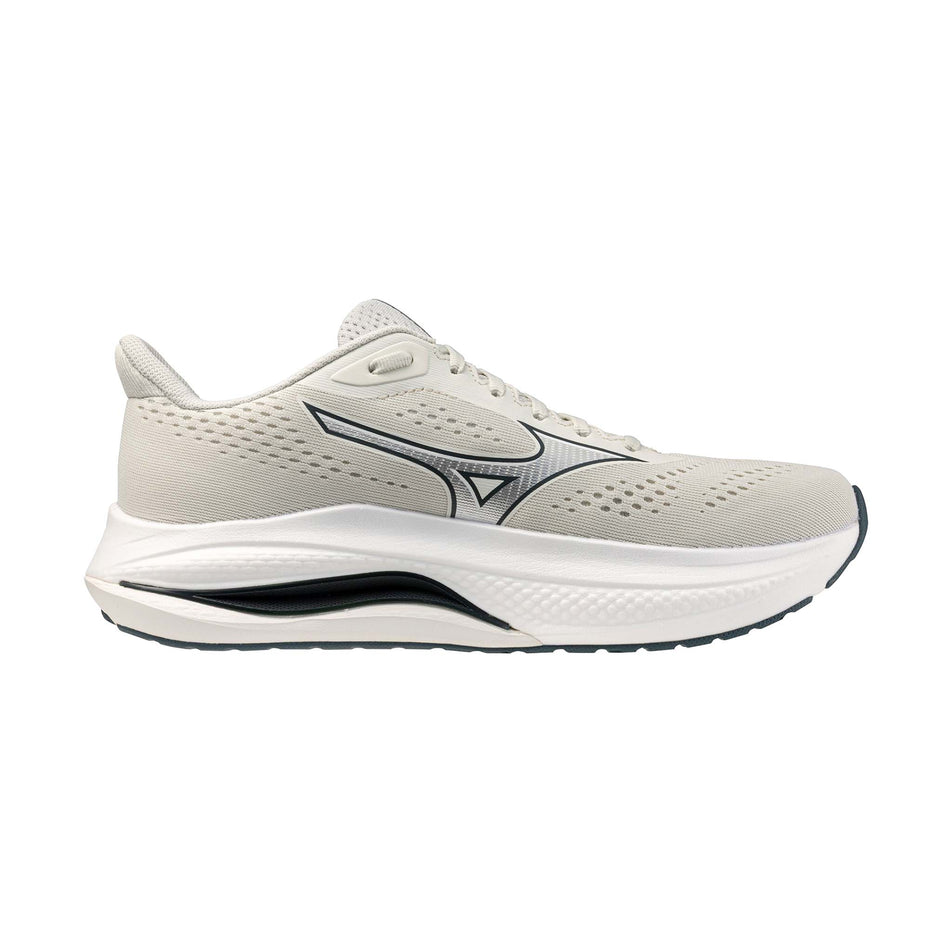Medial view of the left shoe from a pair of Mizuno Men's Wave Inspire 22 Running Shoes in the Foggy Dew/White/Dark Slate colourway.