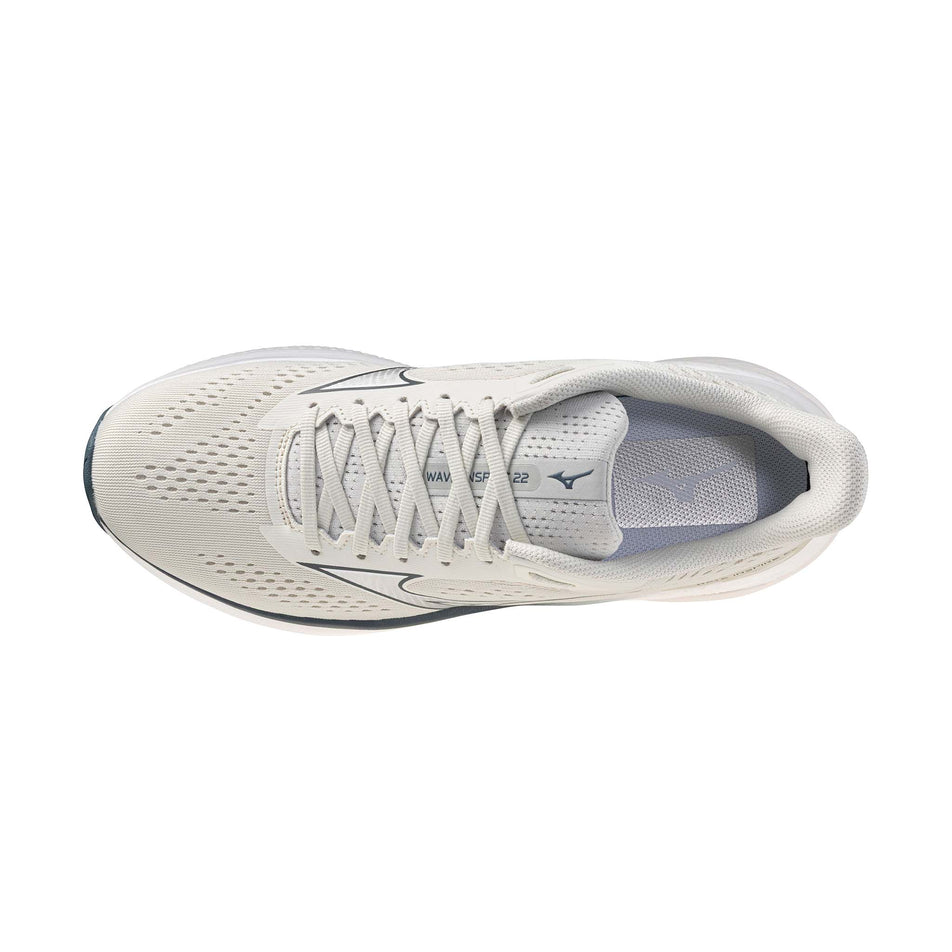 The upper of the left shoe from a pair of Mizuno Men's Wave Inspire 22 Running Shoes in the Foggy Dew/White/Dark Slate colourway.