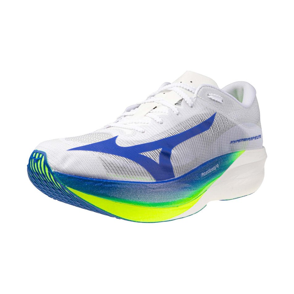 Lateral view of the left shoe from a pair of Mizuno Unisex Hyperwarp Elite Running Shoes in the White/Lightning Yellow/Dazzling Blue colourway.