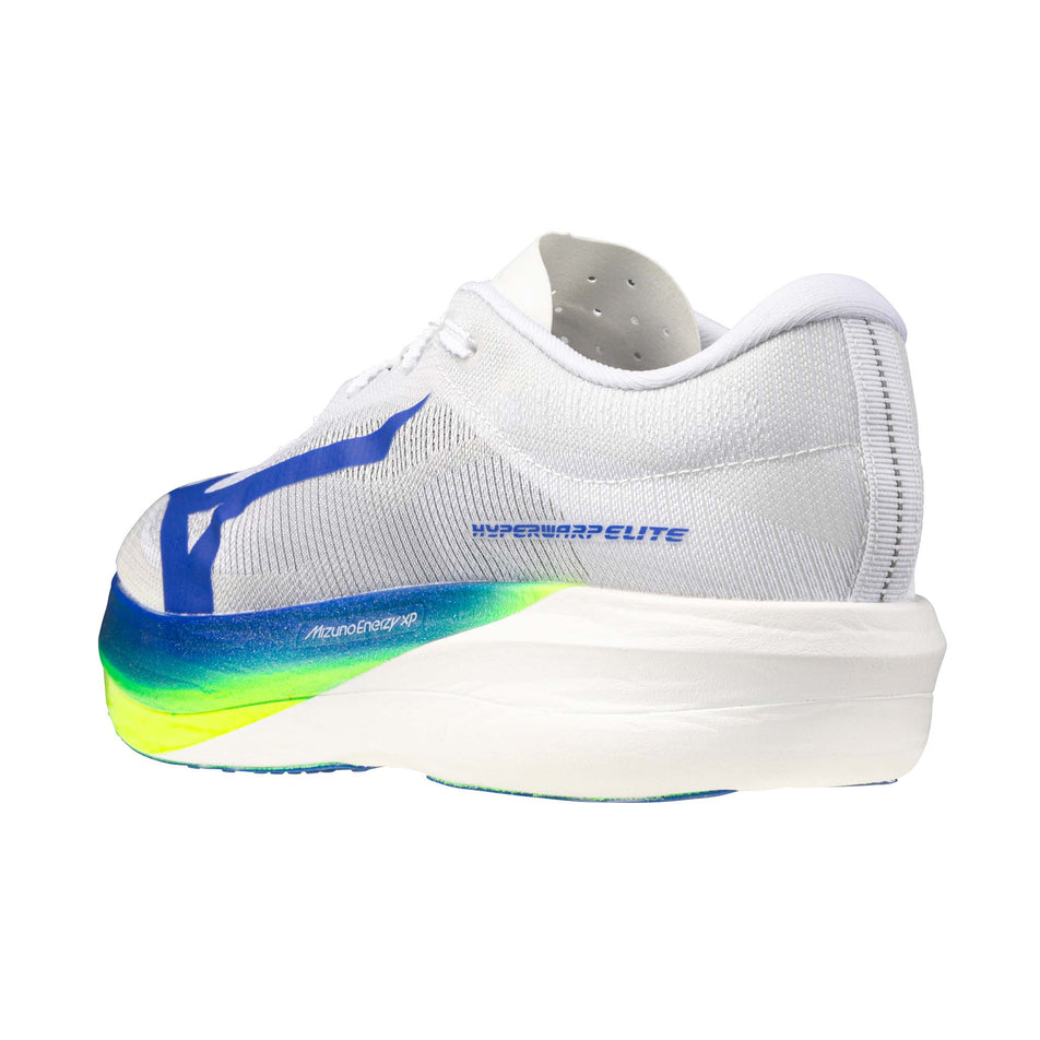Lateral view of the left shoe from a pair of Mizuno Unisex Hyperwarp Elite Running Shoes in the White/Lightning Yellow/Dazzling Blue colourway.