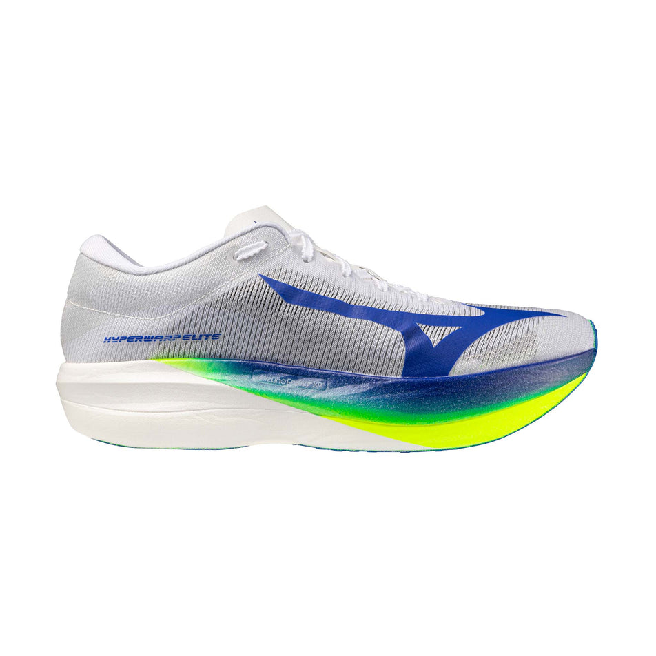 Lateral view of the right shoe from a pair of Mizuno Unisex Hyperwarp Elite Running Shoes in the White/Lightning Yellow/Dazzling Blue colourway.