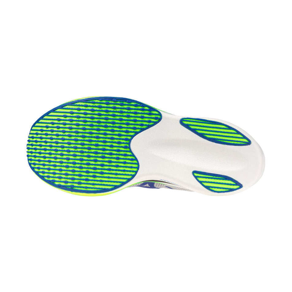 The outsole of the left shoe from a pair of Mizuno Unisex Hyperwarp Elite Running Shoes in the White/Lightning Yellow/Dazzling Blue colourway.