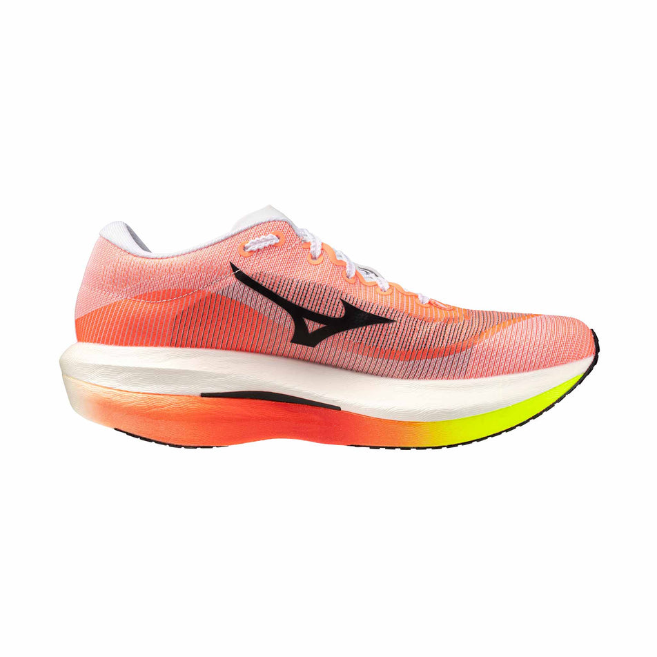 Medial view of the left shoe from a pair of Mizuno Unisex Hyperwarp Pro Running Shoes in the White/Black/Lava Orange colourway.