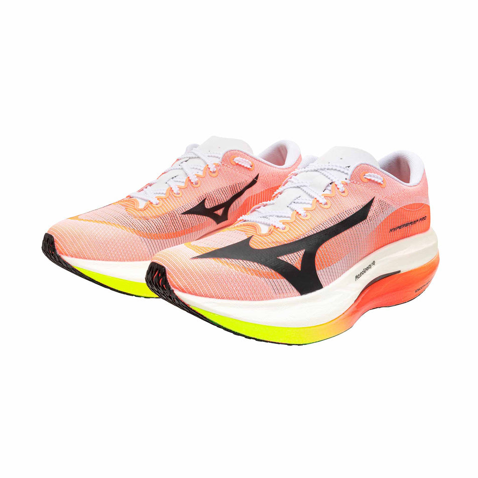 A pair of Mizuno Unisex Hyperwarp Pro Running Shoes in the White/Black/Lava Orange colourway.