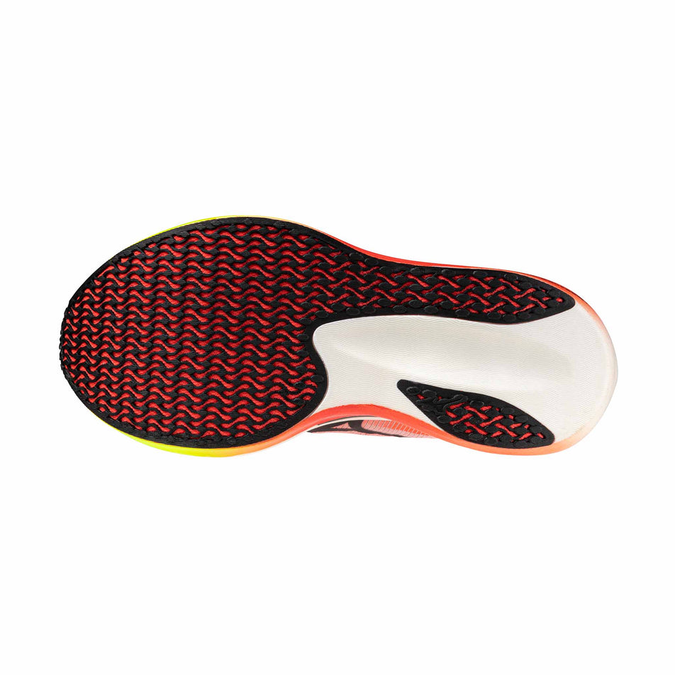 The outsole of the left shoe from a pair of Mizuno Unisex Hyperwarp Pro Running Shoes in the White/Black/Lava Orange colourway.