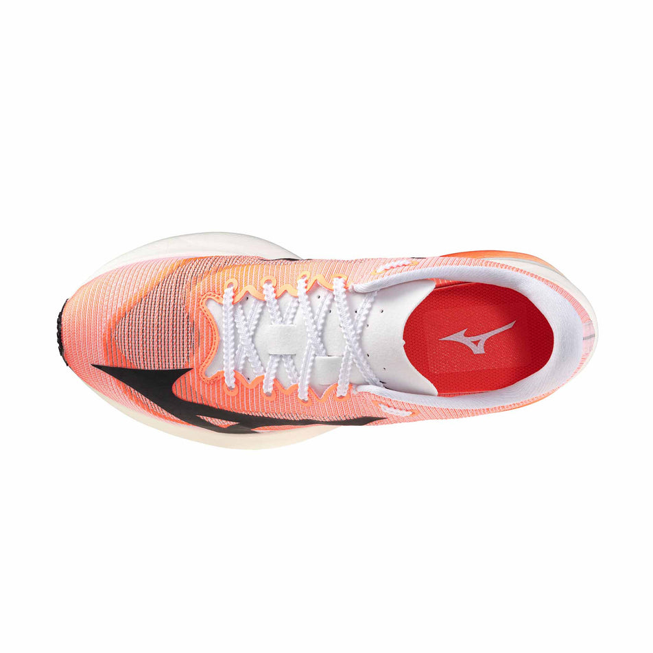 The upper of the left shoe from a pair of Mizuno Unisex Hyperwarp Pro Running Shoes in the White/Black/Lava Orange colourway.