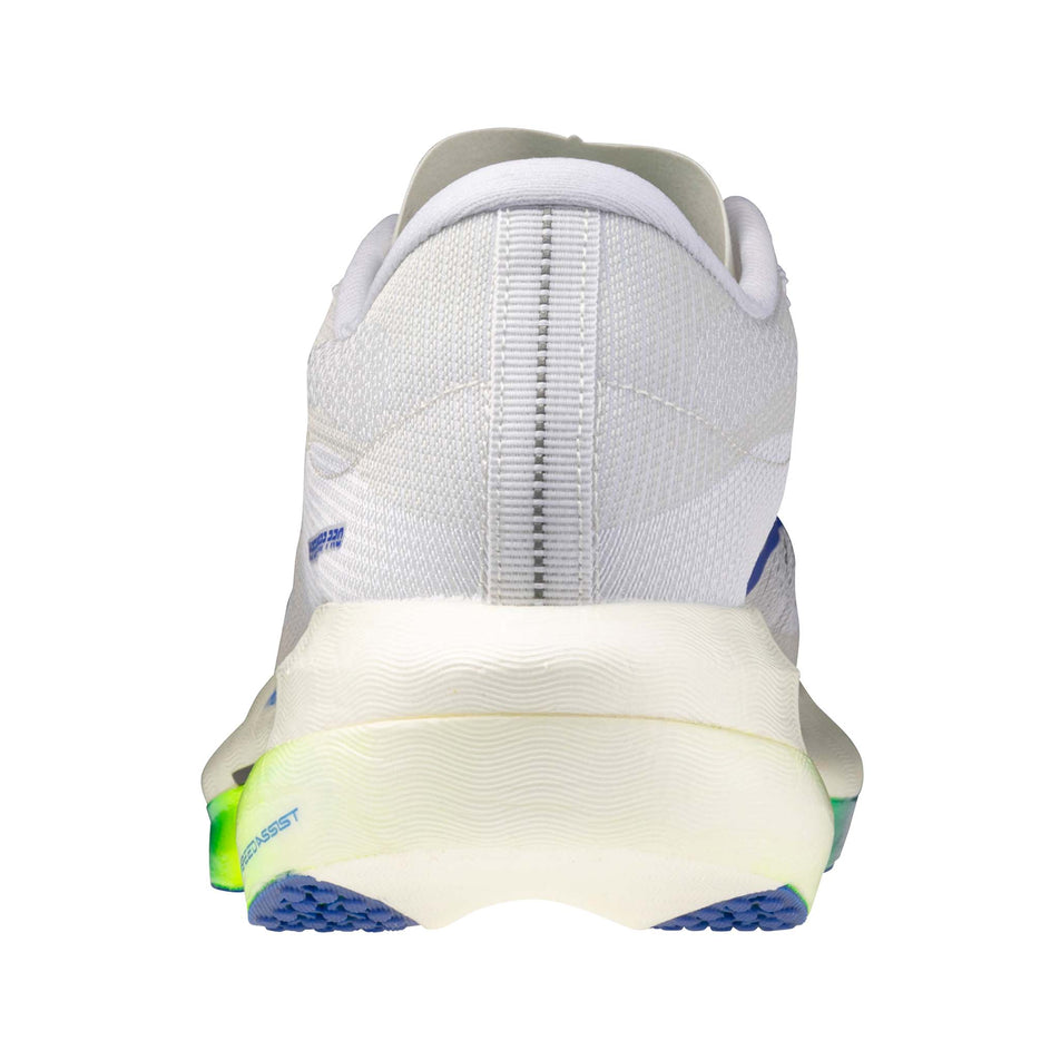 The back of the left shoe from a pair of Mizuno Unisex Hyperwarp Pro Running Shoes in the White/Lightning Yellow/Dazzling Blue colourway.