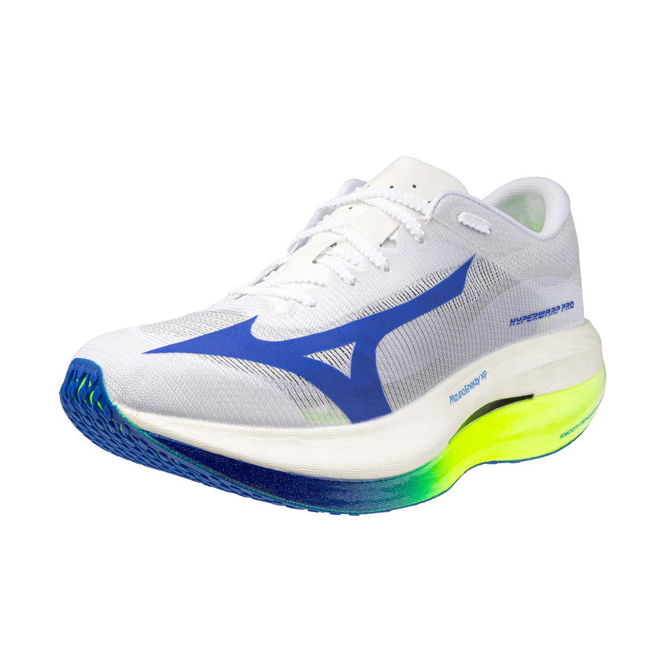 Lateral view of the left shoe from a pair of Mizuno Unisex Hyperwarp Pro Running Shoes in the White/Lightning Yellow/Dazzling Blue colourway.