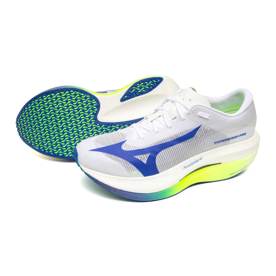A pair of Mizuno Unisex Hyperwarp Pro Running Shoes in the White/Lightning Yellow/Dazzling Blue colourway.