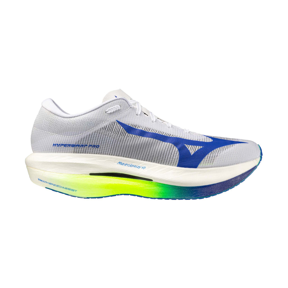 Lateral view of the right shoe from a pair of Mizuno Unisex Hyperwarp Pro Running Shoes in the White/Lightning Yellow/Dazzling Blue colourway.